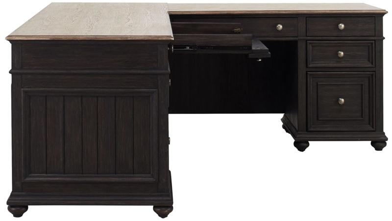 L-Shaped Desk defined by Paneled Sides, Two-Tone Charcoal and Oak Finish