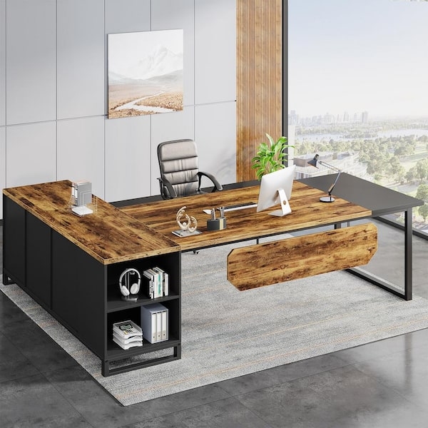 L-shaped Desk Distressed Wood Grain, Rustic Brown