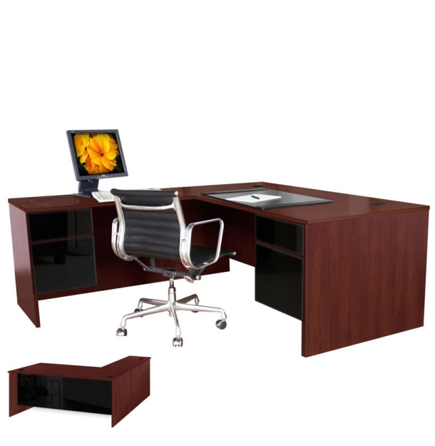 L-Shaped Desk featuring Glossy Black Panels and Integrated Desk Mat Insert