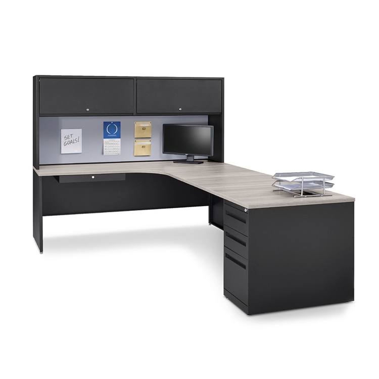 L-Shaped Desk featuring Overhead Hutch and Integrated Tackboard