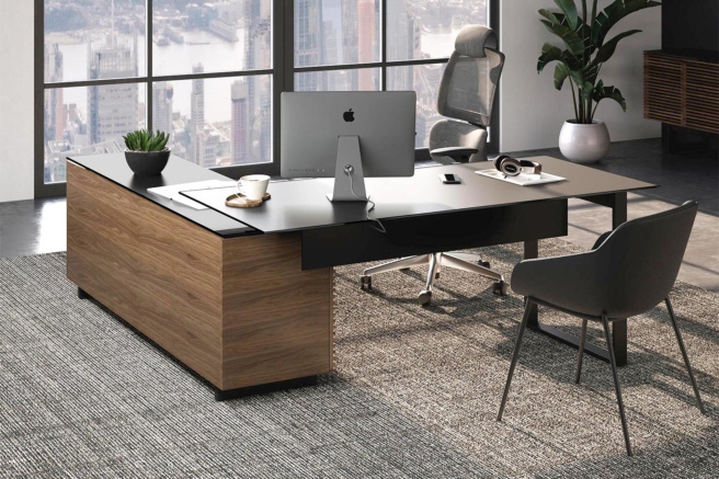 L-shaped Desk Floating Desktop Design Walnut and Black