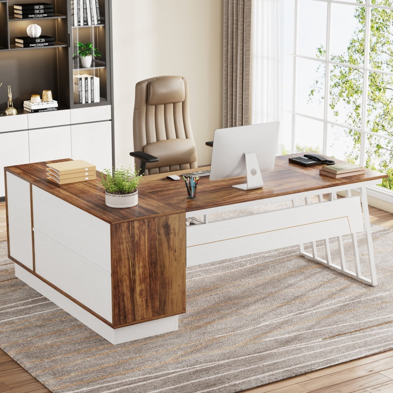 L-shaped Desk Geometric Metal Leg Walnut and White