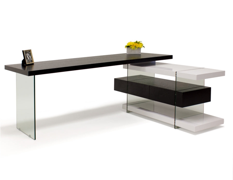 L-Shaped Desk: Glass Support Panels, Wenge and Glossy Lacquer Finish