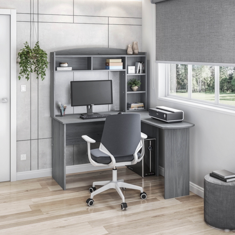 L-shaped Desk Gray Wood Grain Finish with Integrated Hutch