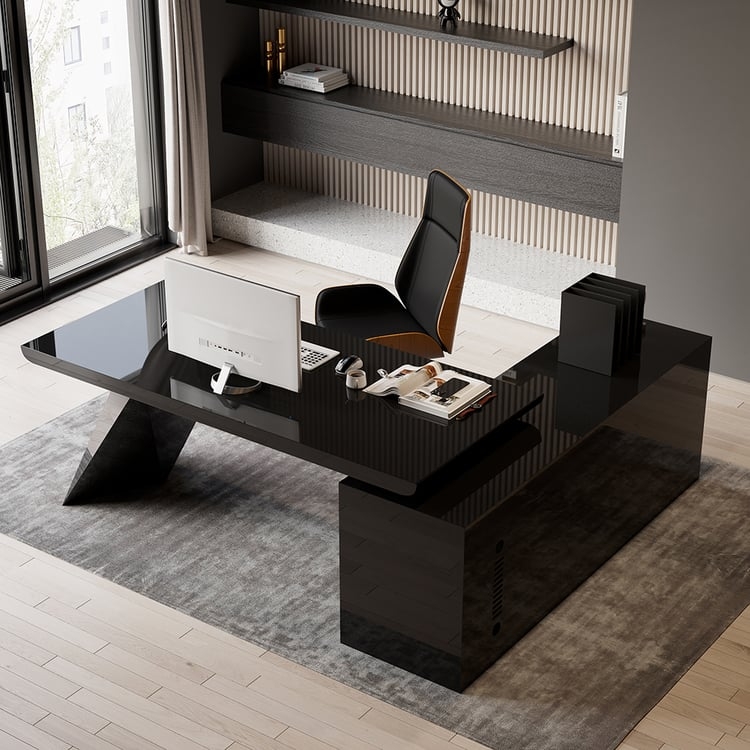 L-shaped Desk High Gloss Black with Geometric Leg
