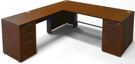 L-Shaped Desk highlighted by Glass Front Accent and Dual Pedestals