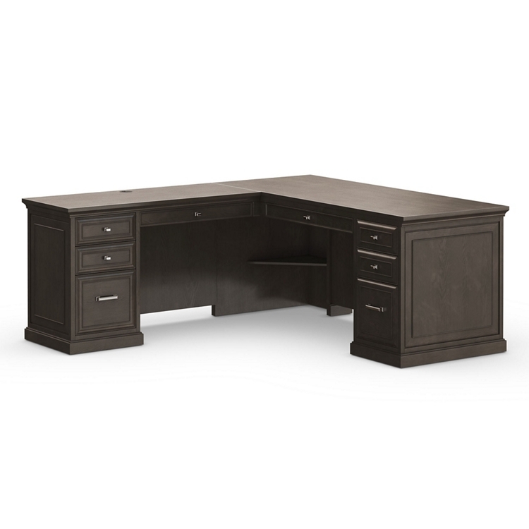 L-Shaped Desk including Corner Shelving, Charcoal Wood Tone, and Plinth Base