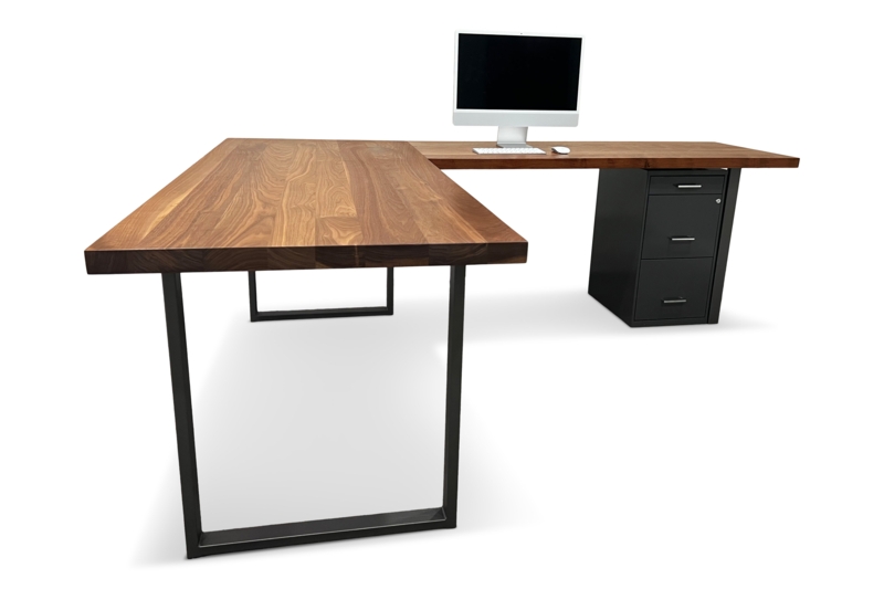 L-shaped Desk Walnut Slab Top and Integrated File Cabinet