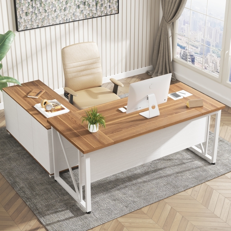 L-Shaped Desk Walnut White Metal A-Frame Legs Modern Industrial