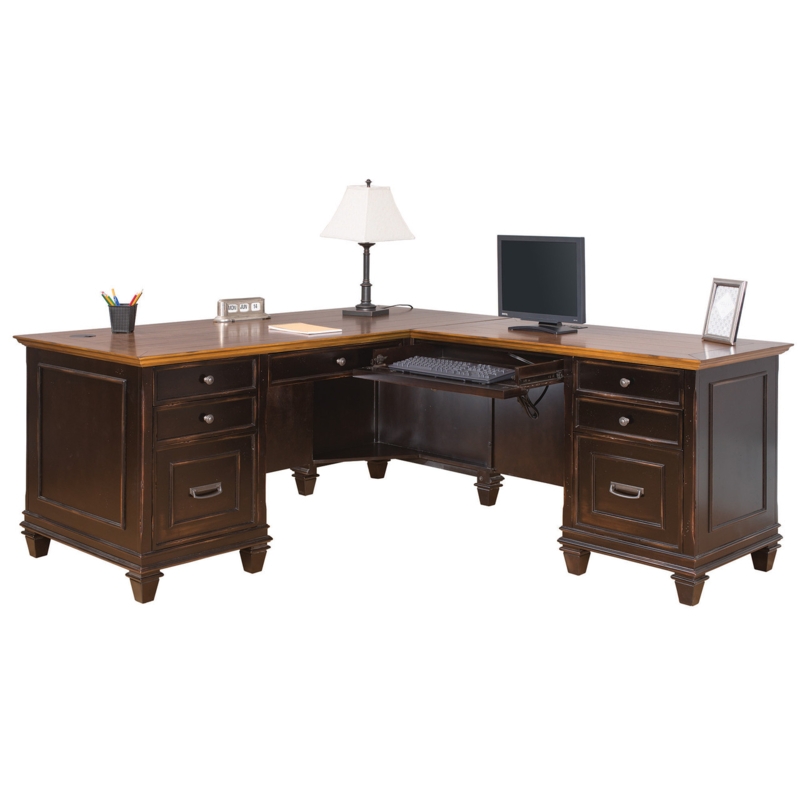L-Shaped Desk with Distressed Base, Cup Pulls, and Two-Tone Finish
