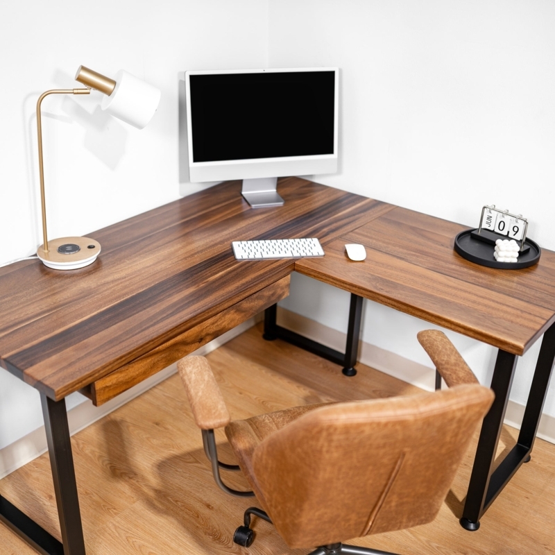 L-shaped Desk with Integrated Drawer Walnut and Black Frame