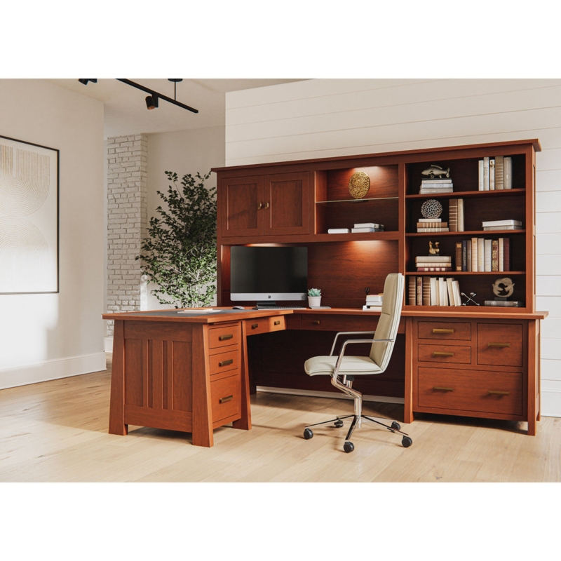L-Shaped Desk with Integrated Hutch and Mission Style Slats