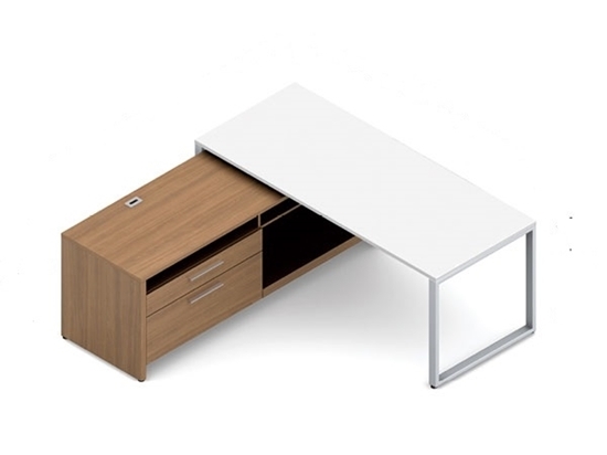 L-shaped Desk with Metal O-leg and Tiered Worksurface