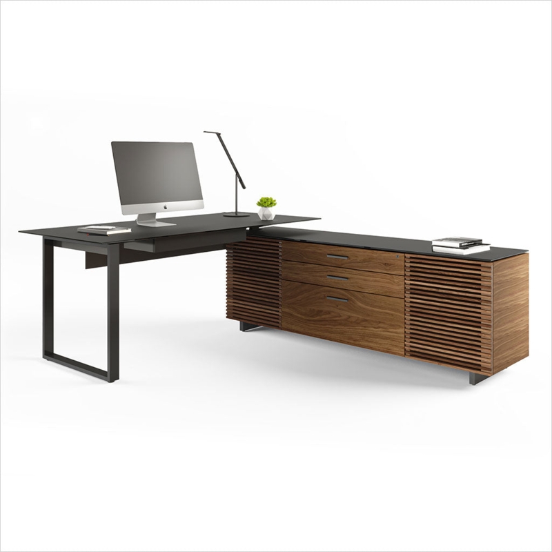 L-shaped Desk with Slatted Panels Walnut and Black