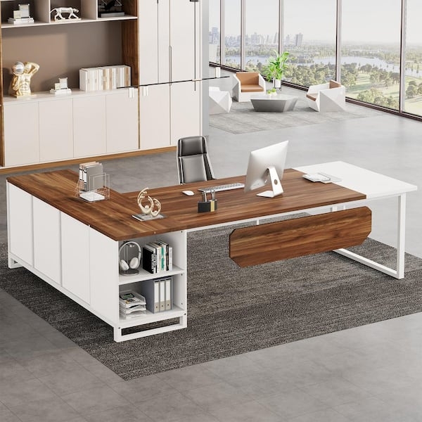 L-shaped Desk with Suspended Modesty Panel, Walnut and White
