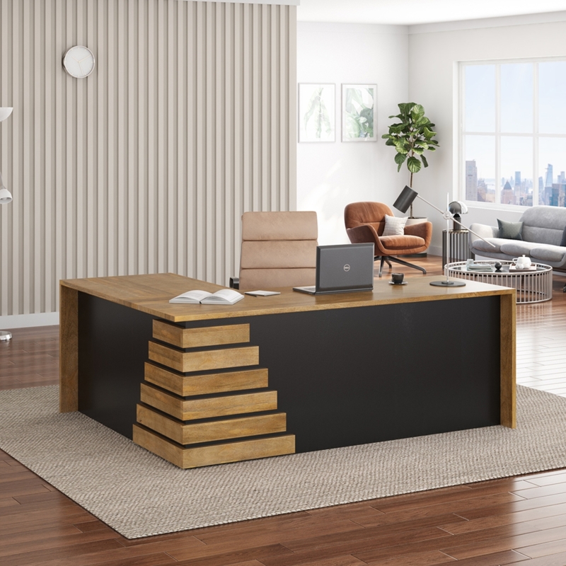 L-shaped Desk with Tiered Corner Blocks, Black and Oak