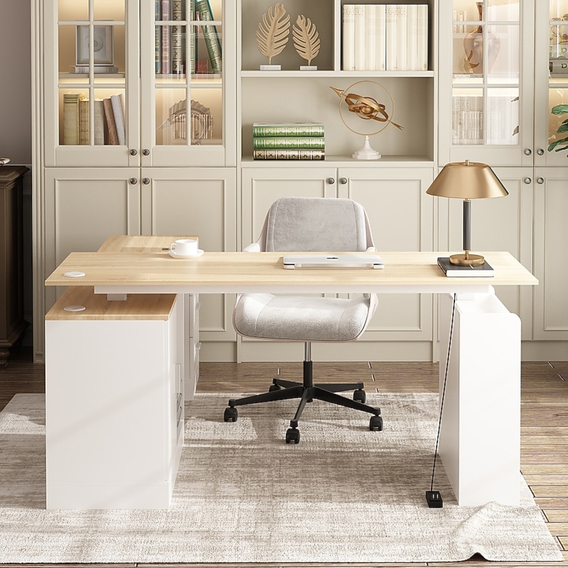 L-shaped Desk with White and Light Wood Contrast
