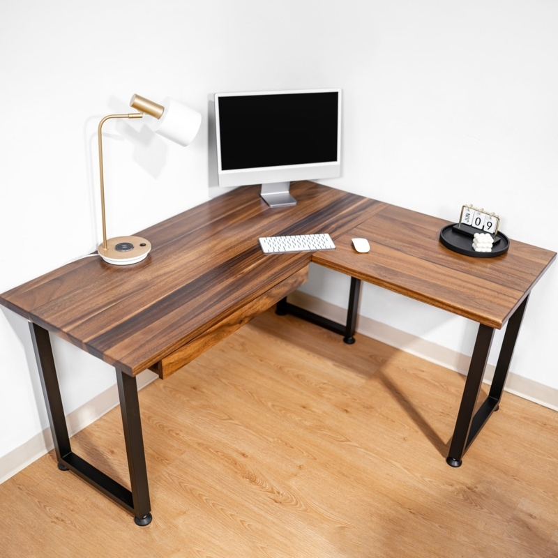 L-Shaped Desk: Wood Grain Top, Black U-Legs, Slim Integrated Drawer