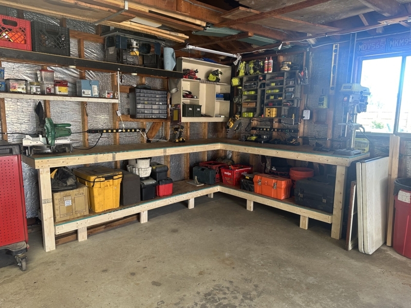 L-Shaped DIY Workbench with Integrated Power Strips