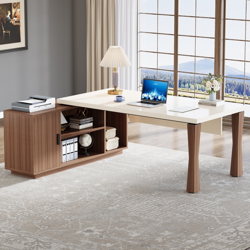 L-Shaped Executive Desk with Tapered Faceted Legs and Two-Tone Finish