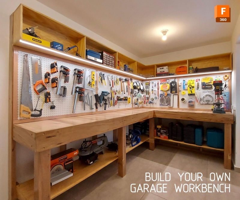 L-Shaped Garage Workbench with Integrated LED Lighting