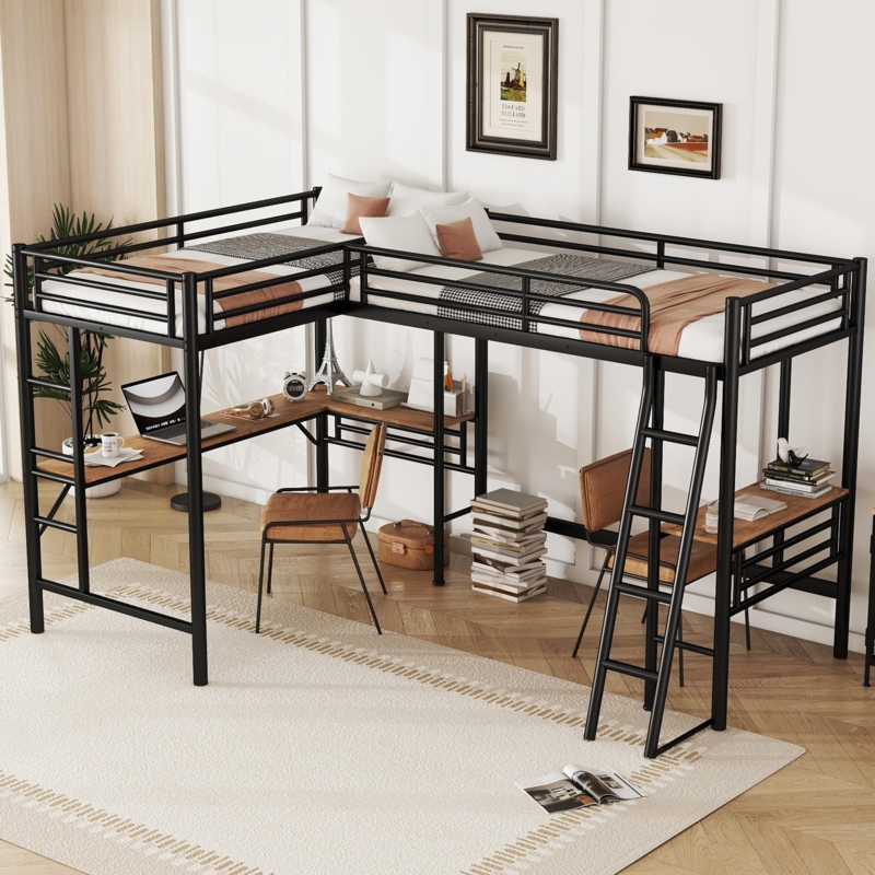 L-Shaped Loft Bed Corner Design Metal Frame Industrial Style