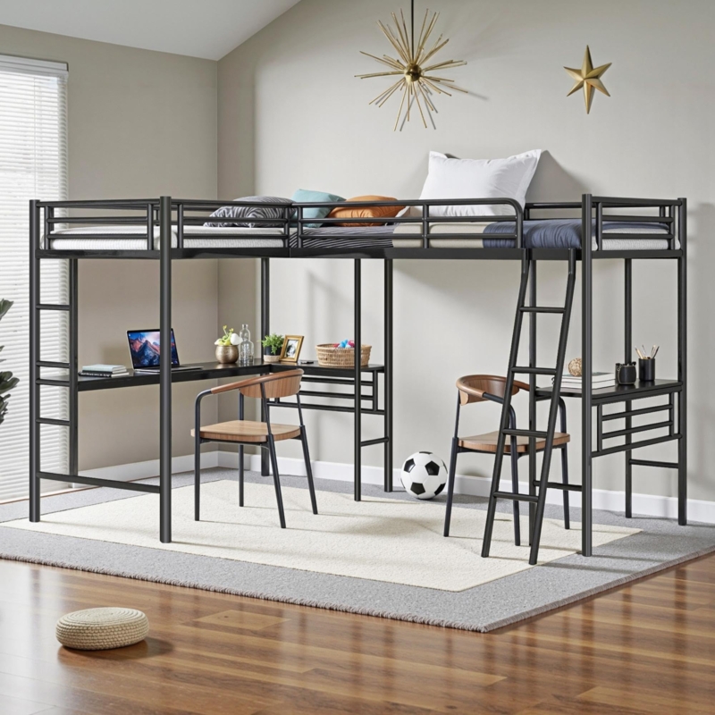 L-Shaped Loft Bed Dual Desks Metal Frame Industrial Style