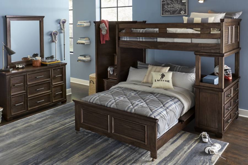 L-Shaped Loft Bed System Charcoal Brown Finish Integrated Dresser