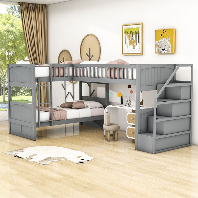 L-Shaped Loft Bed with Staircase Storage and Desk in Matte Finish