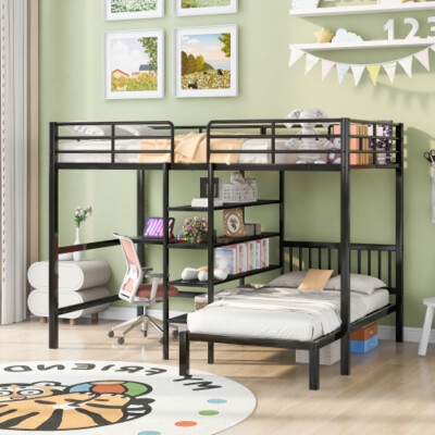 L-Shaped Loft Bunk Bed Integrated Desk Matte Black Metal Frame