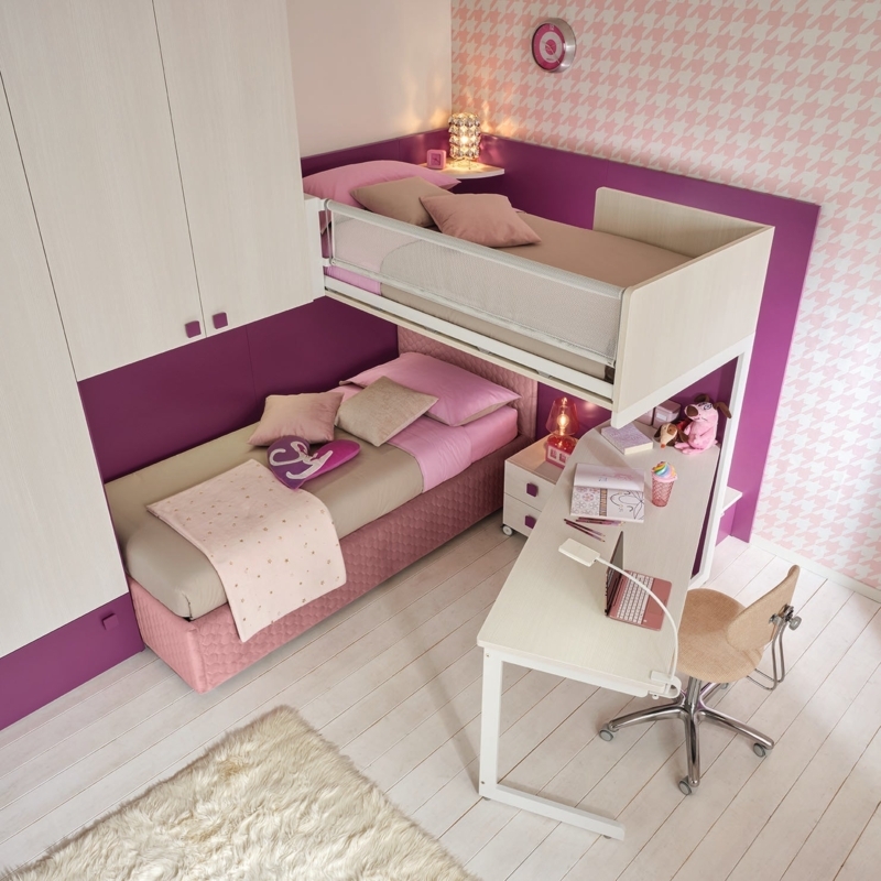 L-Shaped Loft Bunk Bed with Integrated Workstation and Plum Accents