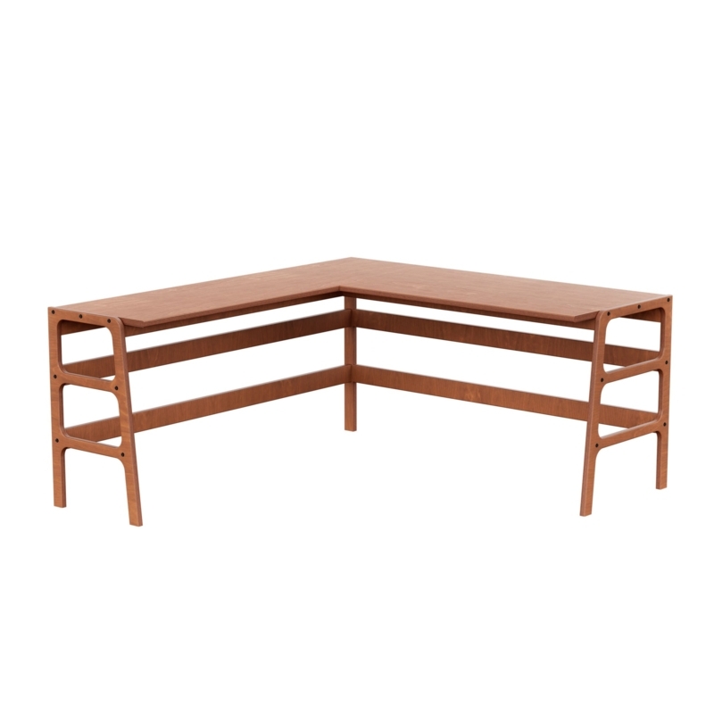 L-Shaped Plywood Desk featuring Cutout Legs and Horizontal Slats