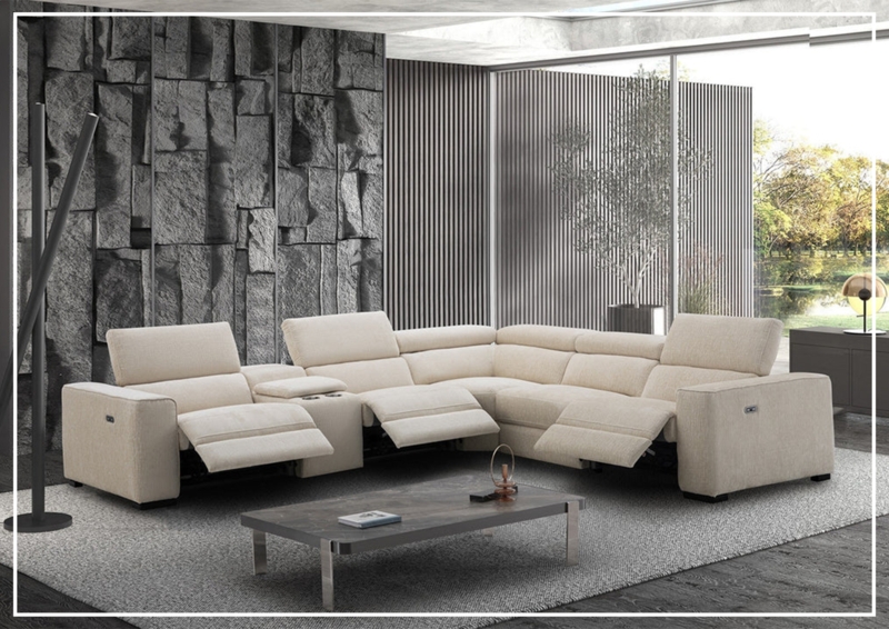 L-Shaped Power Recliner Sofa Cream Fabric Integrated Console