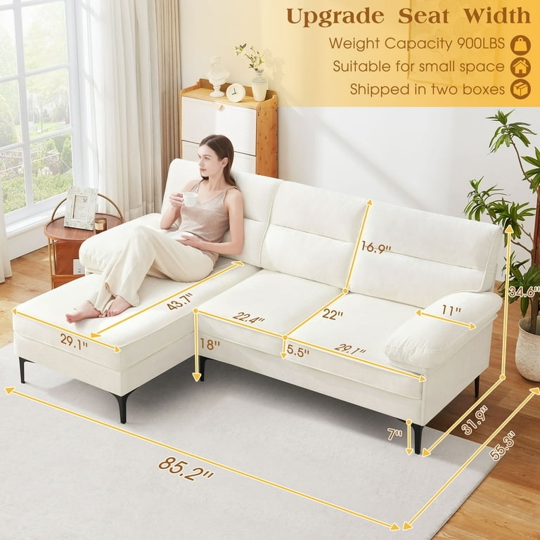 L-Shaped Sectional Couch in Beige Chenille with Black Tapered Legs