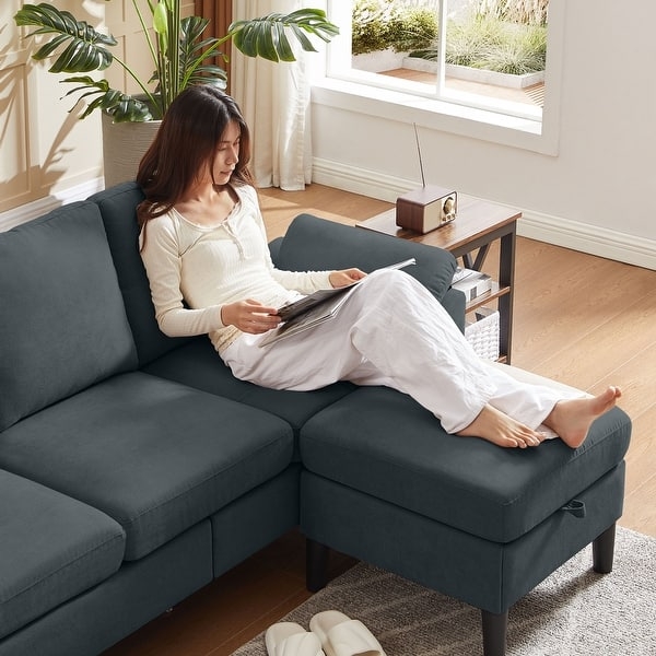 L-Shaped Sectional Couch with Reversible Ottoman and Plush Cushions
