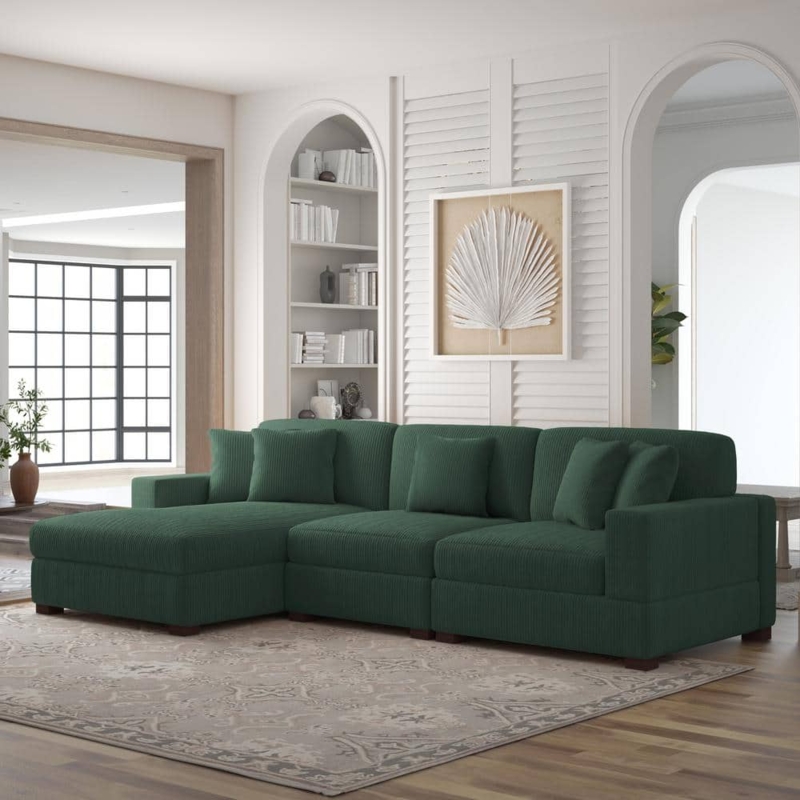 L-Shaped Sectional Hunter Green Corduroy Square Arms 118 Inch