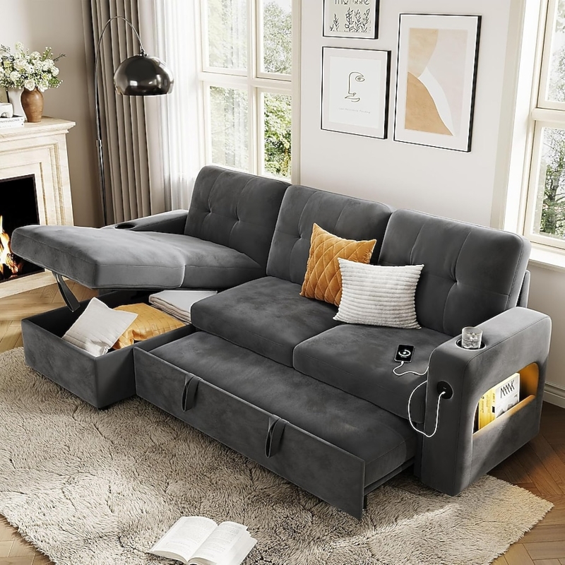 L-Shaped Sectional Sleeper, Integrated LED Lighting, Charging Station