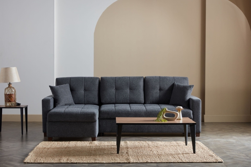 L-Shaped Sectional Sofa: Anthracite Grid Tufted Fabric & Tapered Legs