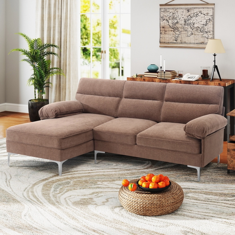 L-Shaped Sectional Sofa in Brown Chenille with Tapered Metal Legs