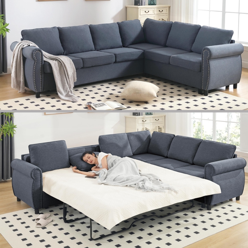 L-Shaped Sleeper Sectional: Charcoal Grey, Nailhead Trim, Rolled Arms.