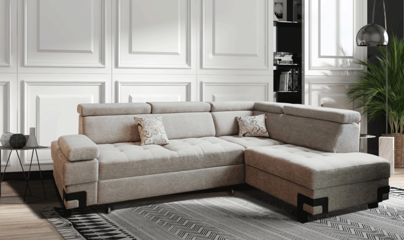 L-Shaped Sleeper Sectional: Oatmeal Fabric & Black Corner Bracket Feet