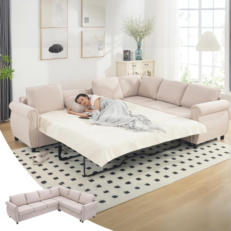 L-Shaped Sleeper Sectional, Six Seater with Nailhead Trim, Light Beige