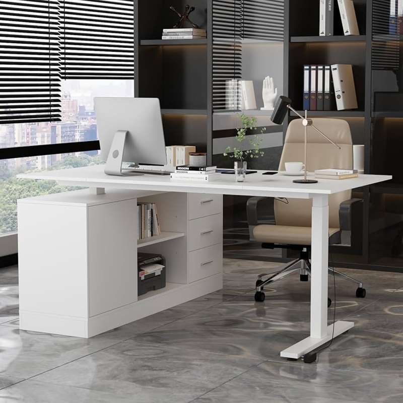 L-shaped Standing Desk with Printer Niche, Arctic White