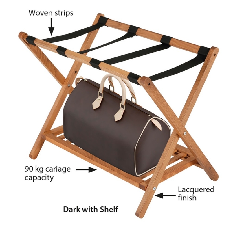 Lacquered Honey Brown Wood Luggage Rack with Slatted Lower Storage