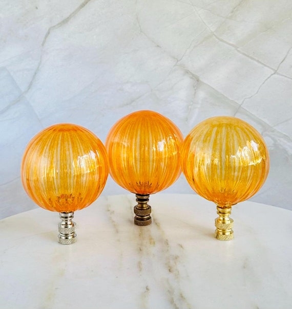 Lamp Finial Oversized Ribbed Optic Glass Orange Sphere