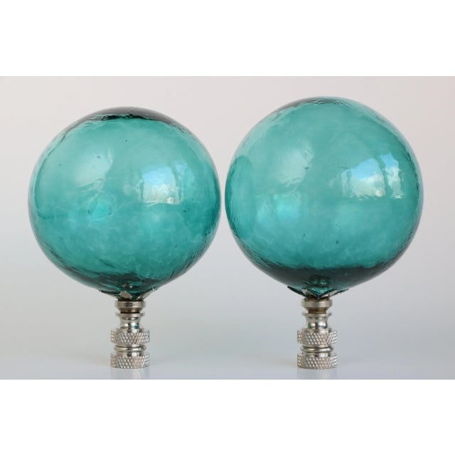 Lamp Finial Pair Handblown Teal Aqua Glass Orb Chrome Base