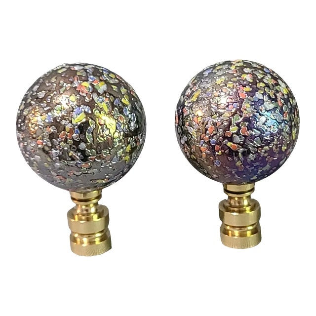 Lamp Finial Pair Multi-Colored Sparkle Art Glass Gold Base