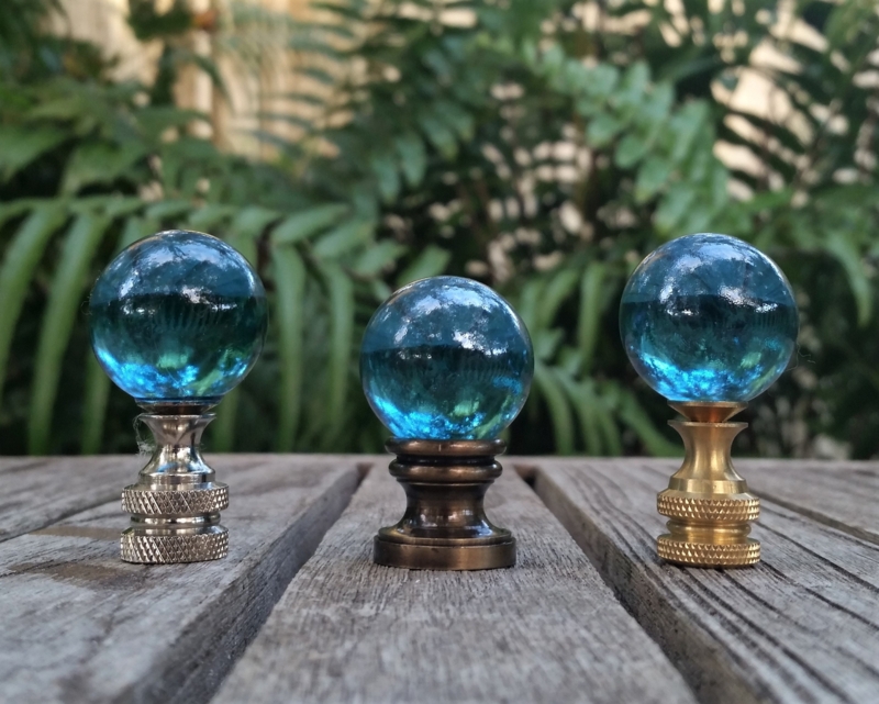 Lamp Finial Set Teal Glass Globes Multiple Metal Finishes