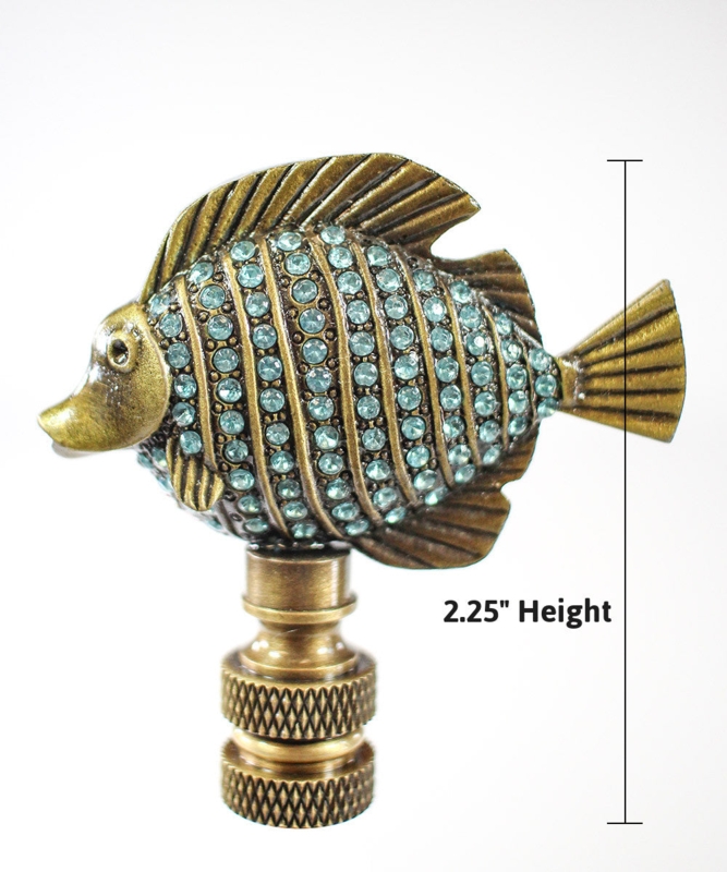 Lamp Finial Tropical Fish Motif Aegean Blue Glass Antique Brass