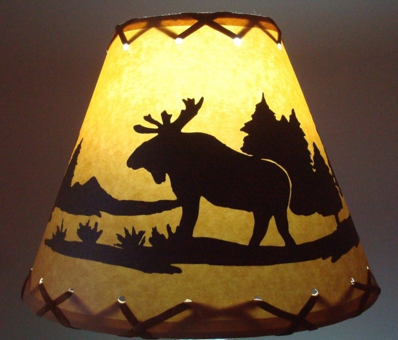 Lamp Shade Amber Glow with Whipstitch Edges and Forest Scene, Rustic